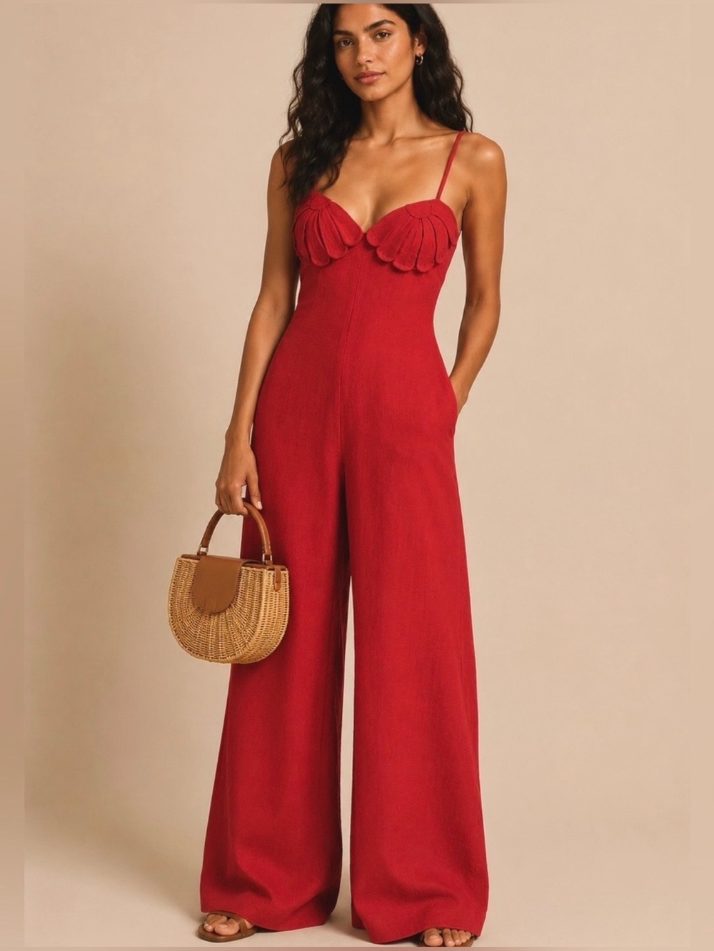 FARM Rio Red Petals Cup Linen Jumpsuit size Small Appliqué Flower NWT
